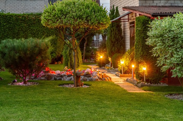 Garden path lit by landscape lighting at dusk